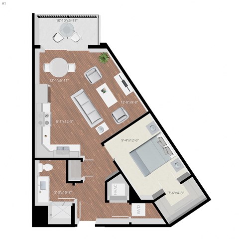 Floor plan for 1 bed, 1 bath, 695 sqft