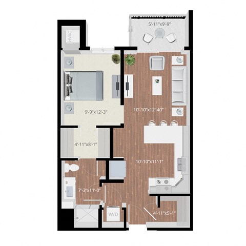 Floor plan for 1 bed, 1 bath, 685 sqft