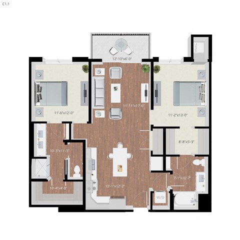 Floor plan for 2 beds, 2 baths, 1157 sqft