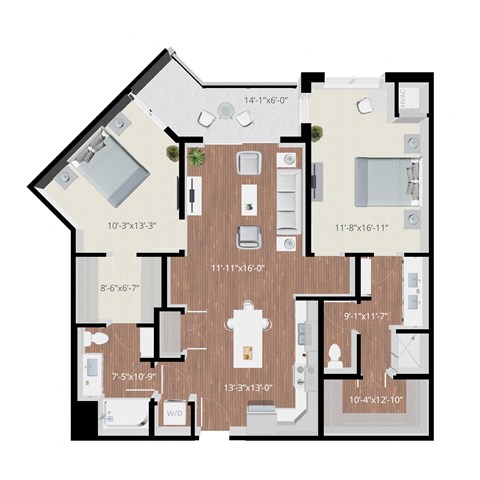 Floor plan for 2 beds, 2 baths, 1211 sqft