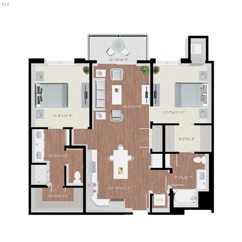 Floor plan for 2 beds, 2 baths, 1157 sqft