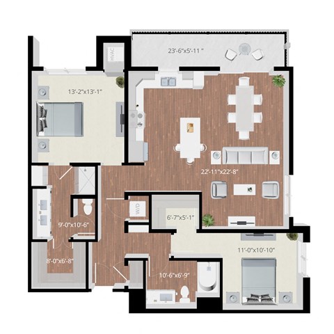 Floor plan for 2 beds, 2 baths, 1320 sqft