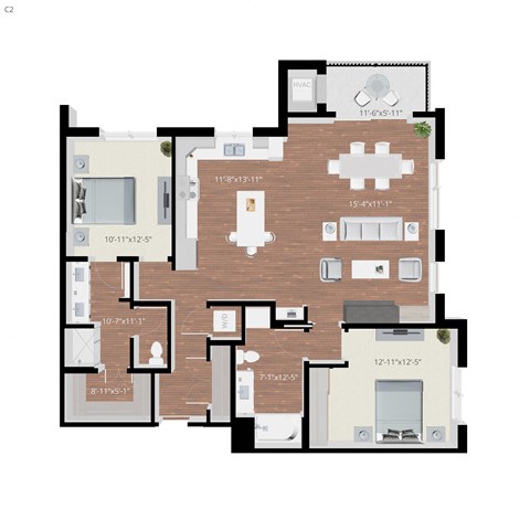 Floor plan for 2 beds, 2 baths, 1373 sqft