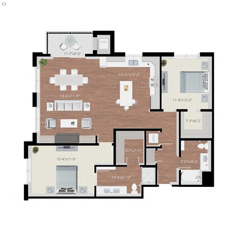 Floor plan for 2 beds, 2 baths, 1403 sqft