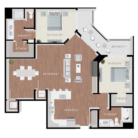 Floor plan for 2 beds, 2 baths, 1593 sqft