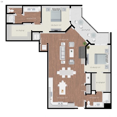 Floor plan for 2 beds, 2 baths, 1549 sqft