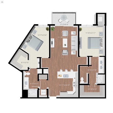 Floor plan for 2 beds, 2 baths, 1193 sqft