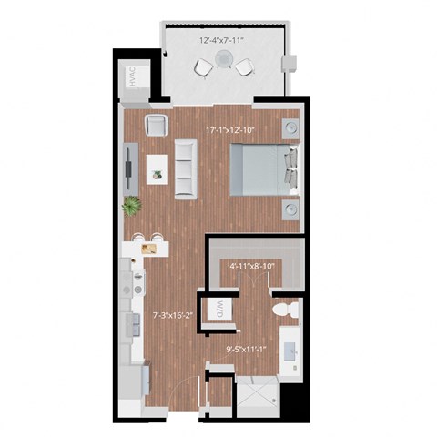 Floor plan for studio, 1 bath, 563 sqft