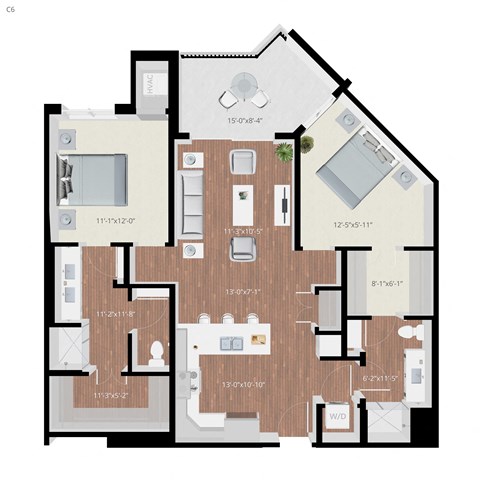Floor plan for 2 beds, 2 baths, 1151 sqft