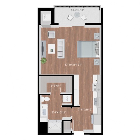 Floor plan for studio, 1 bath, 632 sqft