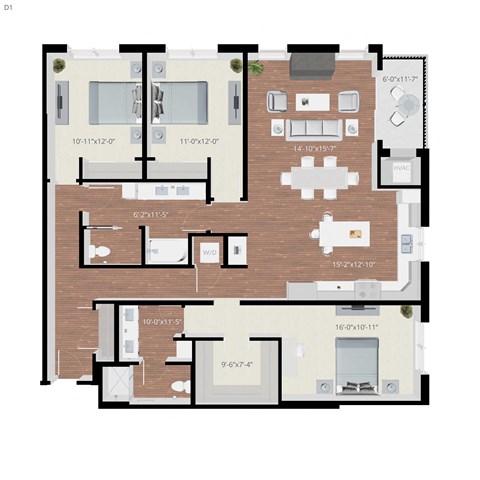 Floor plan for 3 beds, 2 baths, 1749 sqft