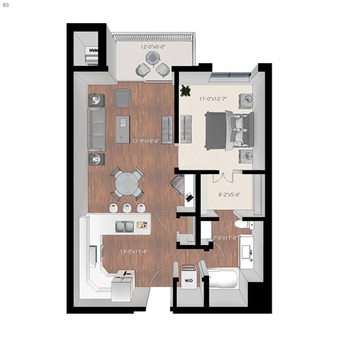 Floor plan for 1 bed, 1 bath, 800 sqft