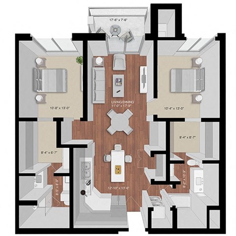 Floor plan for 2 beds, 2 baths, 1122 sqft