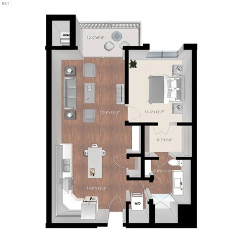 Floor plan for 1 bed, 1 bath, 799 sqft