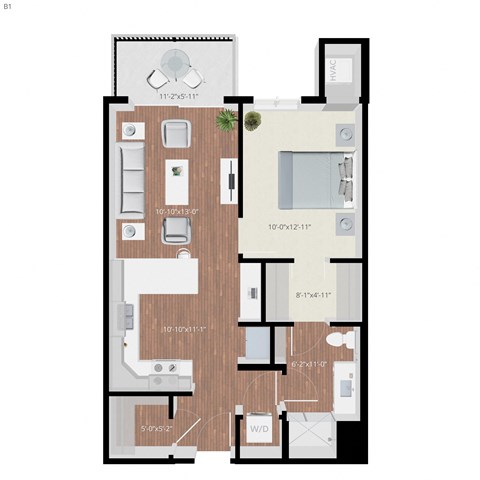 Floor plan for 1 bed, 1 bath, 705 sqft