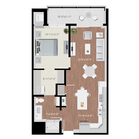 Floor plan for 1 bed, 1 bath, 729 sqft