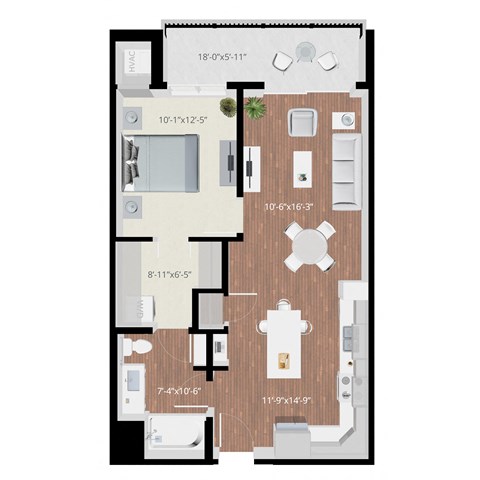 Floor plan for 1 bed, 1 bath, 729 sqft