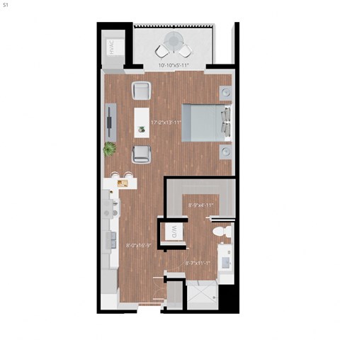 Floor plan for studio, 1 bath, 598 sqft