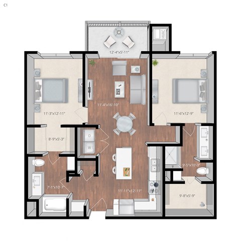 Floor plan for 2 beds, 2 baths, 1140 sqft
