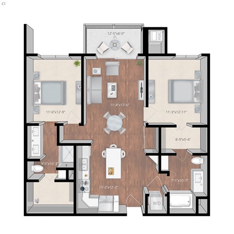 Floor plan for 2 beds, 2 baths, 1140 sqft