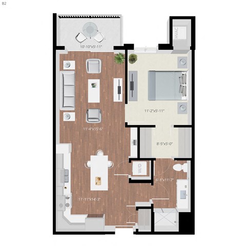 Floor plan for 1 bed, 1 bath, 736 sqft
