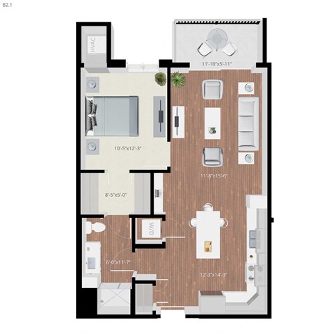 Floor plan for 1 bed, 1 bath, 748 sqft