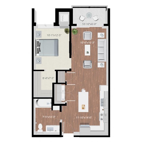 Floor plan for 1 bed, 1 bath, 729 sqft