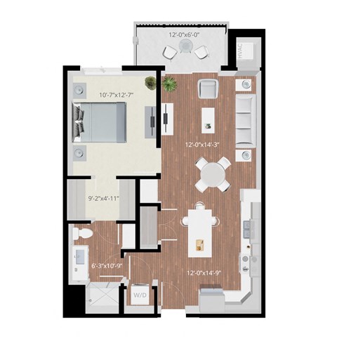 Floor plan for 1 bed, 1 bath, 746 sqft