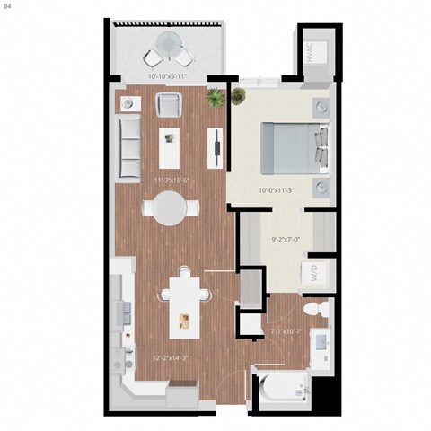 Floor plan for 1 bed, 1 bath, 727 sqft