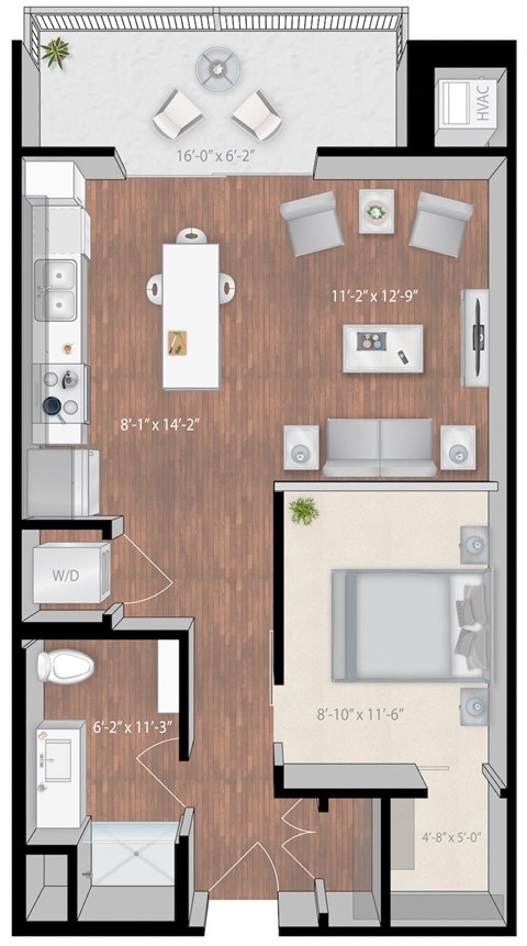 Floor plan for 1 bed, 1 bath, 664 sqft