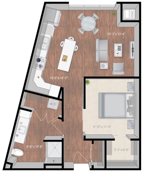 Floor plan for 1 bed, 1 bath, 702 sqft