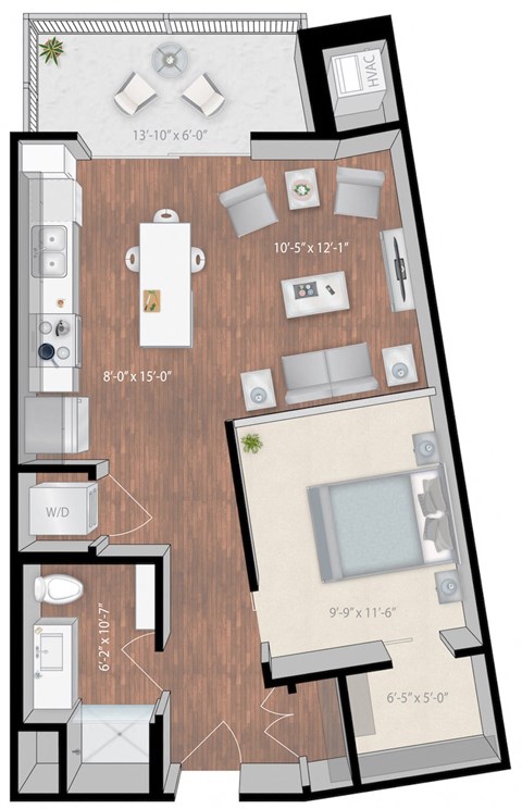 Floor plan for 1 bed, 1 bath, 670 sqft