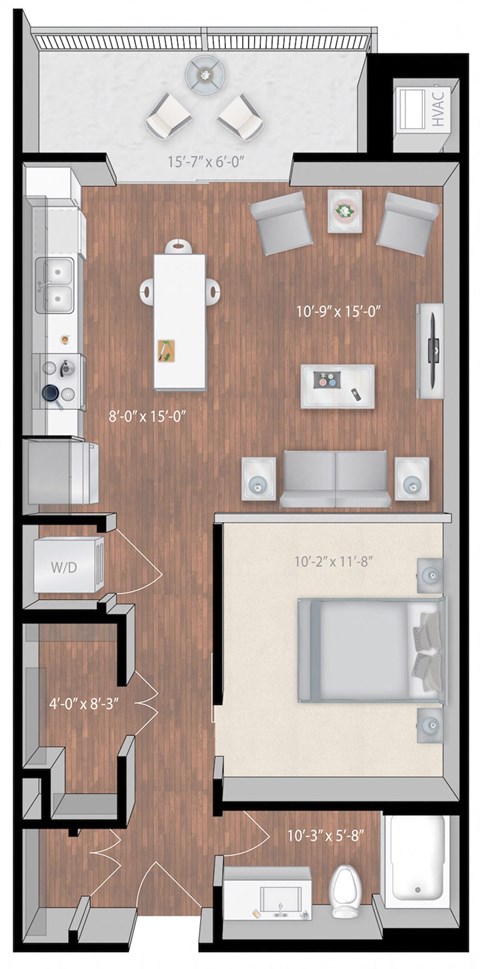 Floor plan for 1 bed, 1 bath, 689 sqft