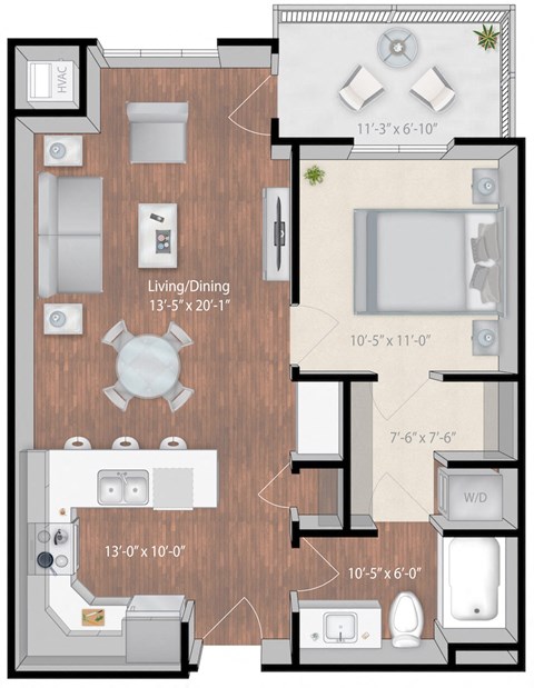 Floor plan for 1 bed, 1 bath, 740 sqft