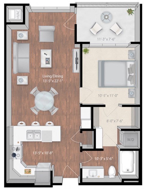 Floor plan for 1 bed, 1 bath, 761 sqft