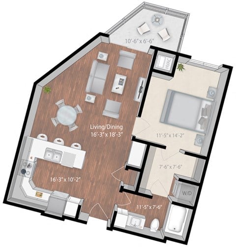 Floor plan for 1 bed, 1 bath, 845 sqft