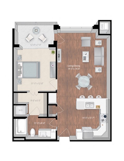 Floor plan for 1 bed, 1 bath, 803 sqft