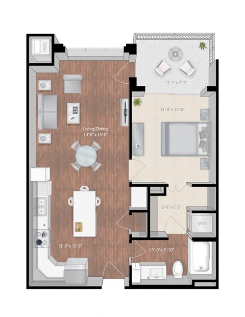 Floor plan for 1 bed, 1 bath, 744 sqft