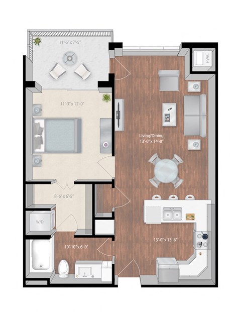 Floor plan for 1 bed, 1 bath, 730 sqft