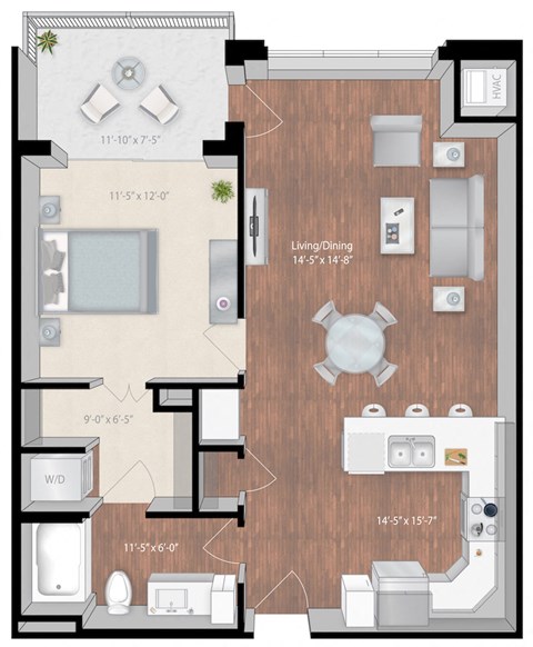 Floor plan for 1 bed, 1 bath, 795 sqft
