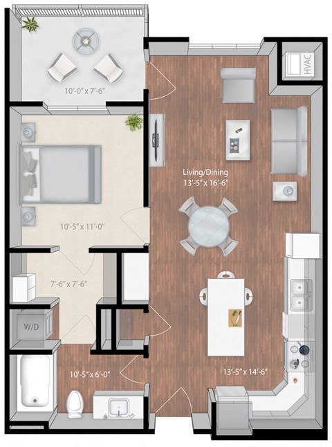 Floor plan for 1 bed, 1 bath, 748 sqft