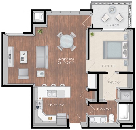 Floor plan for 1 bed, 1 bath, 922 sqft
