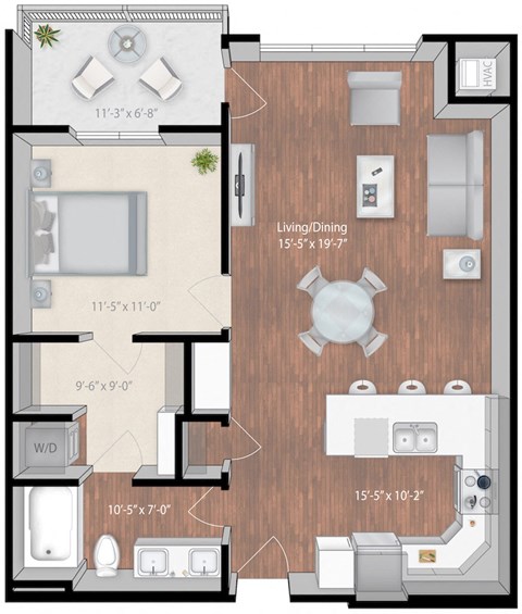 Floor plan for 1 bed, 1 bath, 838 sqft