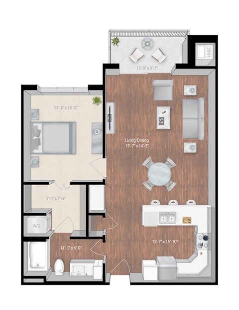 Floor plan for 1 bed, 1 bath, 864 sqft