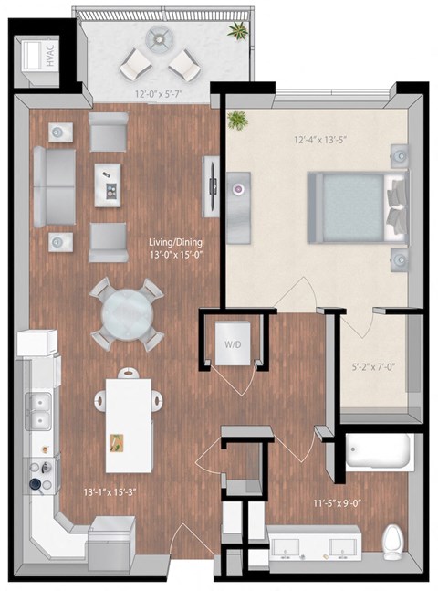 Floor plan for 1 bed, 1 bath, 852 sqft