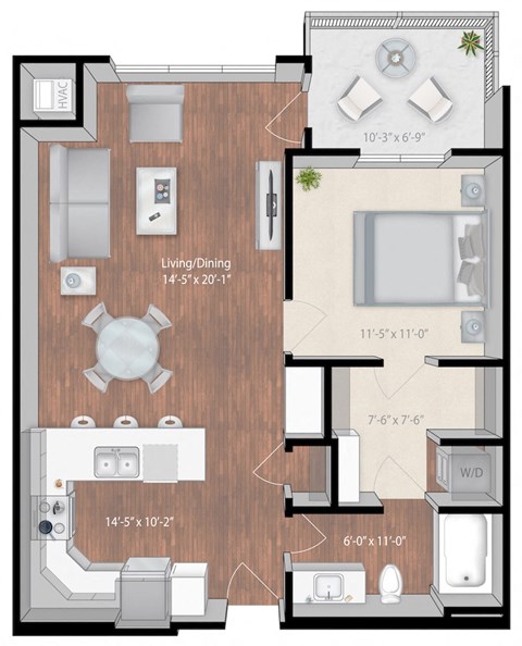 Floor plan for 1 bed, 1 bath, 808 sqft