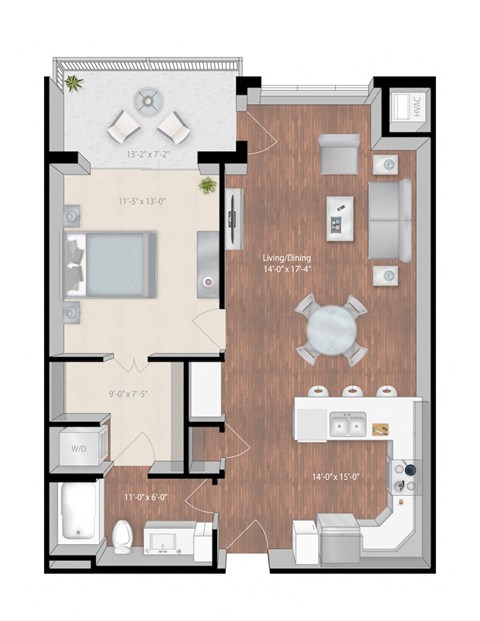 Floor plan for 1 bed, 1 bath, 825 sqft