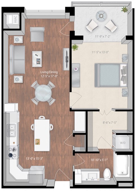 Floor plan for 1 bed, 1 bath, 779 sqft