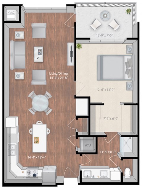 Floor plan for 1 bed, 1 bath, 979 sqft