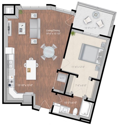 Floor plan for 1 bed, 1 bath, 885 sqft